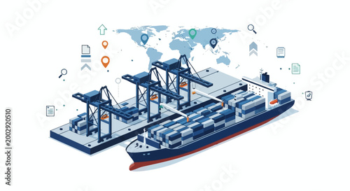 Isometric illustration of a cargo ship being loaded by cranes at a port with a world map in the background showing global locations, rendered in a clean, modern style with a bright, neutral