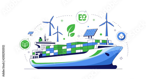 Conceptual vector illustration showing a cargo ship with shipping containers, wind turbines, and solar panels against a clean white background, emphasizing eco-friendly energy sources