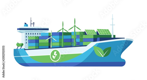 Illustrated cargo ship with shipping containers, wind turbines, and solar panels is depicted in a vector graphic against a white background, emphasizing green energy and eco-friendly