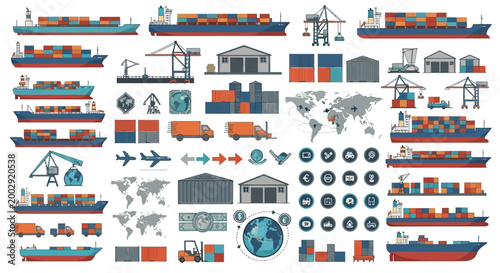 Wide-angle illustration featuring a variety of transportation and logistics elements, including cargo ships, cranes, warehouses, trucks, airplanes, world maps, and various symbols, arranged