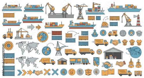 Detailed vector illustration showing a collection of shipping and logistics icons, including cargo ships, cranes, trucks, warehouses, and world maps, all arranged against a clean white