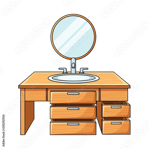 Wooden vanity with sink and round mirror, open drawers, bathroom furniture