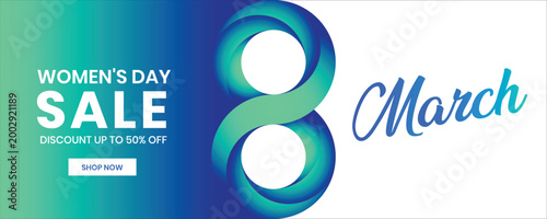 8 March Women’s Day Banner Design, Floral Gradient 3d Number Eight with Background for Social Media Cover and Website Header Template.