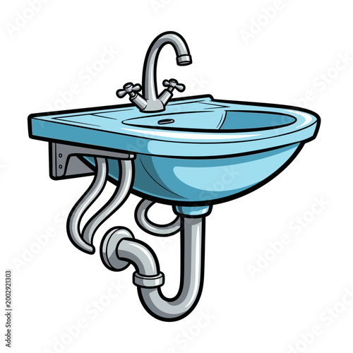 Cartoon Bathroom Sink with Faucet and Plumbing