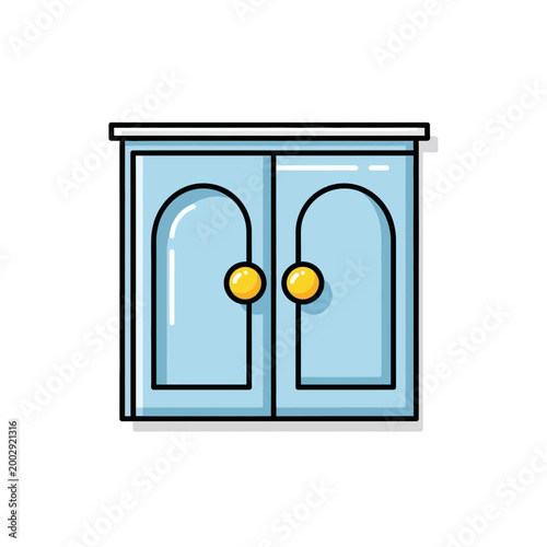 Cartoon cabinet with double doors and yellow knobs, light blue color