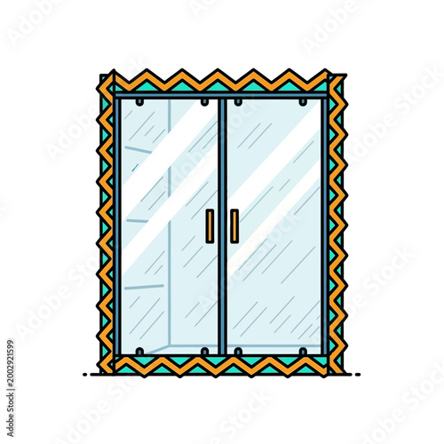 Modern glass double doors with decorative zigzag frame