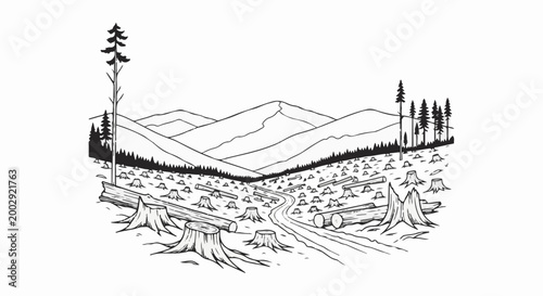 Rural landscape depicts extensive deforestation with numerous tree stumps and fallen logs