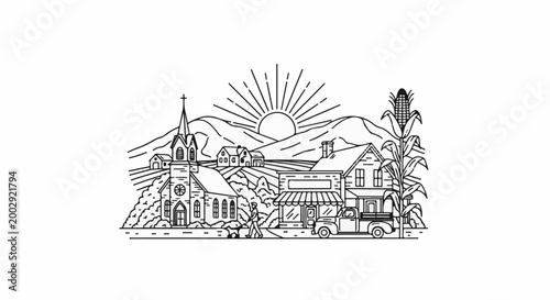 Rural village scene at sunrise with church, houses, and a pickup truck