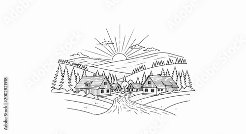 Rustic village nestled among hills, under a radiating sun