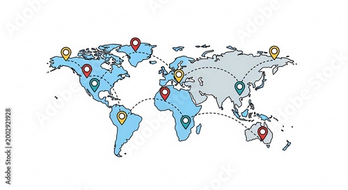 World Map with Location Pins and Connecting Lines Illustrating Global Network.
