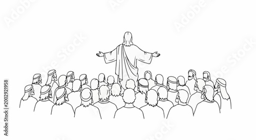 Religious figure with outstretched arms speaking to a gathered crowd