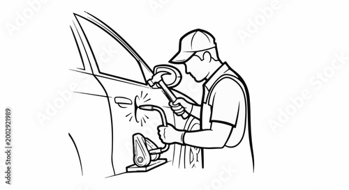 Repairman uses tools to fix dent on car door