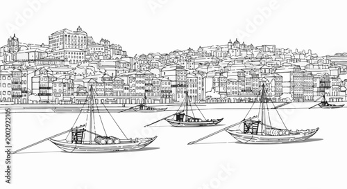 Riverfront cityscape with traditional boats laden with barrels, city buildings climb hills