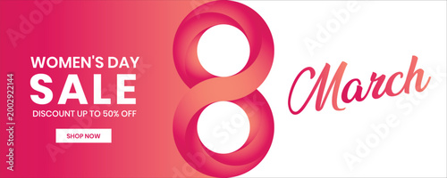 8 March Women’s Day Banner Design, Floral Gradient 3d Number Eight with Background for Social Media Cover and Website Header Template.