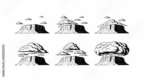 Series of stylized rock formations with evolving cloud and storm elements