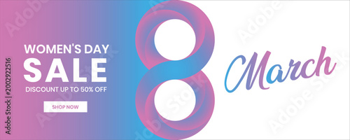 8 March Women’s Day Banner Design, Floral Gradient 3d Number Eight with Background for Social Media Cover and Website Header Template.