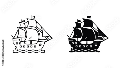 Vintage sailing ship icon set in black and white line art and solid silhouette vector style for maritime navigation branding