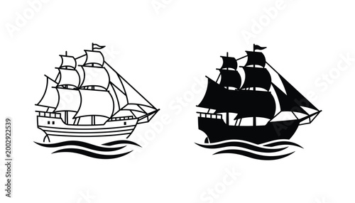 Vintage sailing ship icon set on waves in black and white line art and solid silhouette vector style for maritime branding