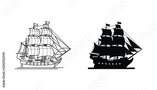 Vintage sailing ship icon set in black and white line art and solid silhouette vector style for maritime navigation branding