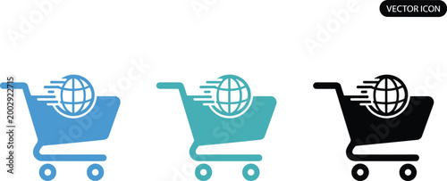 Global shopping cart icon set representing international e-commerce fast worldwide delivery shipping logistics and online retail business vector