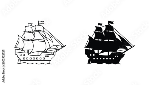 Sailing ship vector icons in outline and solid black style for maritime navigation and nautical design projects