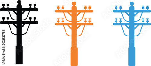 Electric utility pole icon set representing high voltage power lines electricity supply infrastructure energy distribution and industrial telecommunications vector