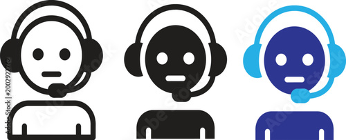 Customer Support Agent Icon Set with Headset Operator Avatars in Outline Solid and Color Minimal Vector Design Collection