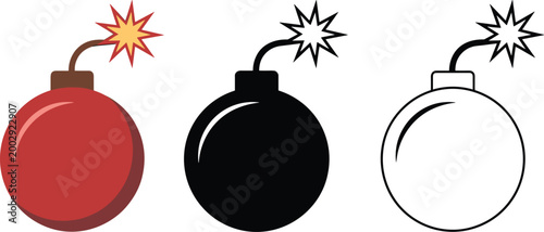 Obraz na płótnie Classic round bomb icon set with burning wick representing explosion danger urge