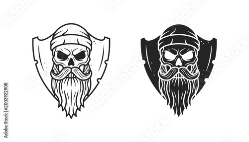 Skull with beard and beanie hat on shield emblem in line art and solid black silhouette styles for biker branding