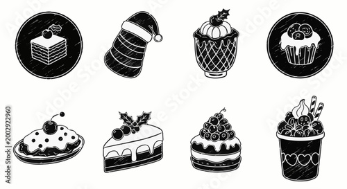 Set of hand-drawn Christmas-themed desserts and treats in black and white