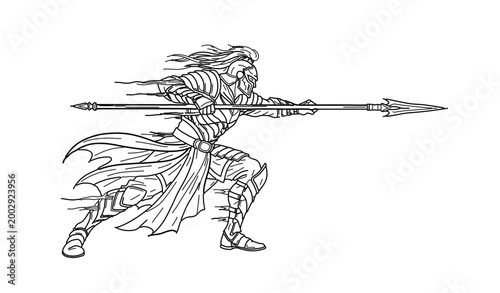 Ancient Spartan warrior charging with spear in hand-drawn line art style