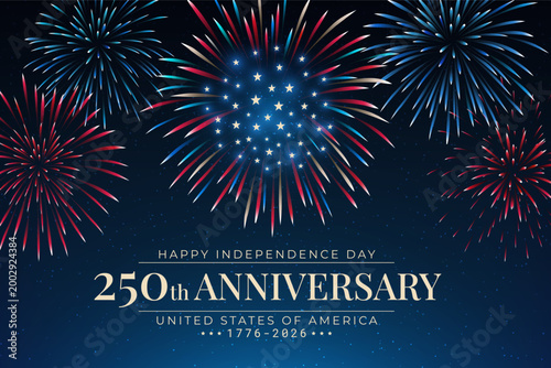 Banner 250th anniversary of USA. 250 years of independence. 4th of july 2026 usa independence day. US flag fireworks, golden text on dark blue sky background. Vector greeting card. Fourth of july