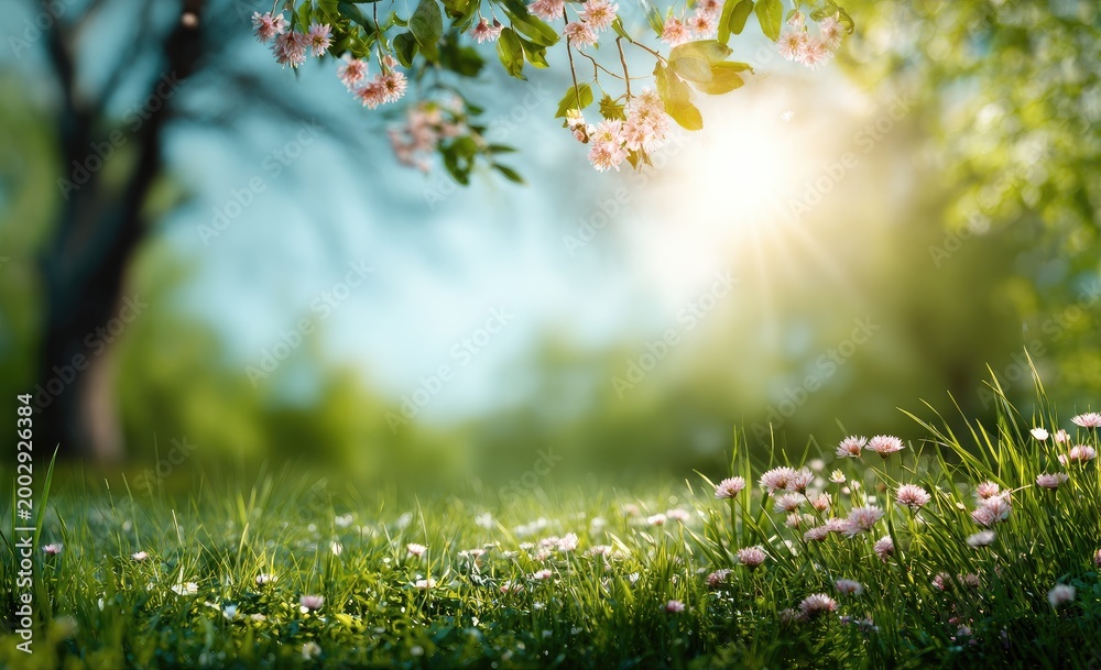 Obraz premium Sunlight streams through blooming branches onto a meadow of small flowers
