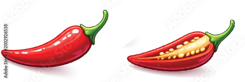 Red Chili Pepper Whole and Half Cut with Seeds Isolated on Transparent Background