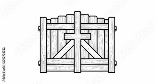 Rustic wooden gate with cross-shaped reinforcement and slatted top