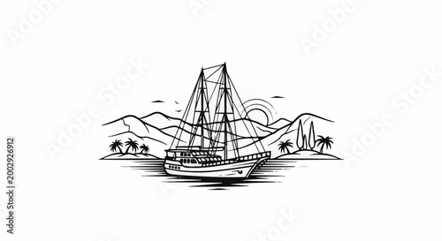 Sailboat on water with palm trees, mountains, and a sun in the background