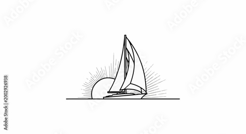 Sailboat sailing at sunrise over water with sunburst rays
