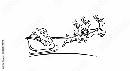 Santa Claus in a sleigh pulled by reindeer, carrying gifts through the sky