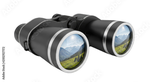 Black binoculars with a scenic mountain view on a isolated on white cutout png transparent white festive celebration event festival carnival template poster banner download 2026 2027 2028