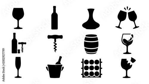 Wine Icons Silhouette Set – Glass Bottle Corkscrew Barrel Decanter Champagne Toast Collection