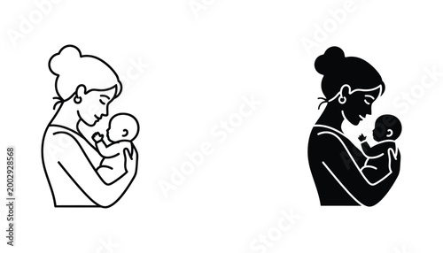 Mother holding baby vector icon set with line art and solid black silhouette for parenting themes