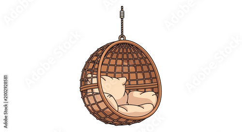Wicker hanging chair with cushion, isolated on white background