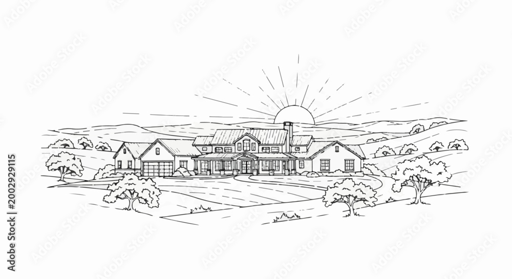 Fototapeta premium A large house on rolling hills with a sunrise in the background