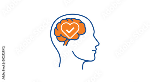 Minimalist vector illustration of a human head profile containing an orange brain icon with a heart shape and check mark representing healthy mental processes and positive cognitive wellness within a 