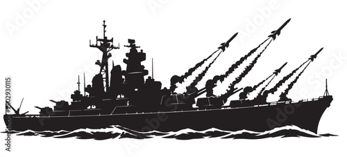 Принти на полотні Battleship Silhouette Vector with Missile Launch, Naval Warship at Sea, Black an