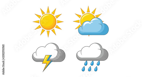 Weather forecast icons set featuring bright yellow sun glowing with rays and fluffy blue clouds accompanied by heavy grey thunder clouds striking with yellow lightning bolts and dark rain clouds pouri