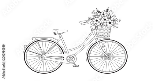 Minimal One Line Vintage Bicycle with Flowers Continuous Line Art Illustration