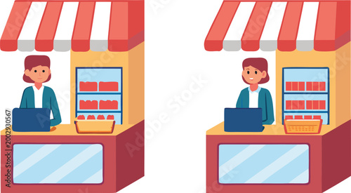 Two shop stalls with a clerk and a customer holding a shopping bag on white background