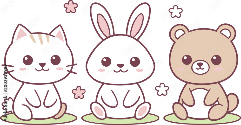 Obraz premium Cute cat, rabbit, and bear characters with flowers on a white background