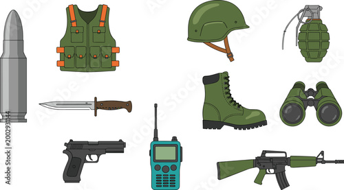 Military equipment collection including helmet vest grenade rifle pistol boots radio binoculars and knife tactical vector illustration set